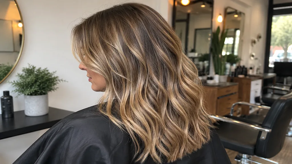Femme avec balayage blond foncé naturel dans un salon de coiffure moderne.