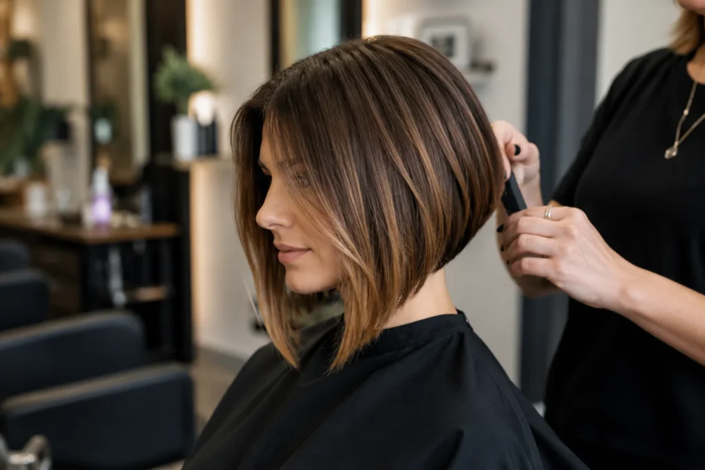 Femme chez le coiffeur avec un carré plongeant moderne, nuque courte et mèches plus longues à l’avant.