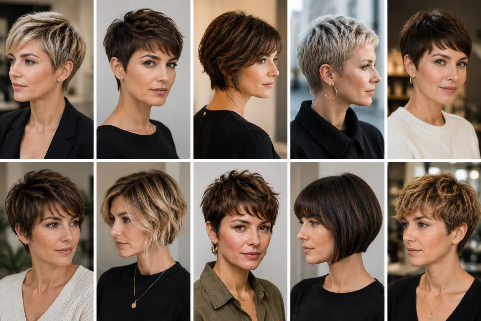 Montage réaliste de cheveux courts femme avec coupe pixie, carré court, coupe garçonne et coiffure courte avec frange.