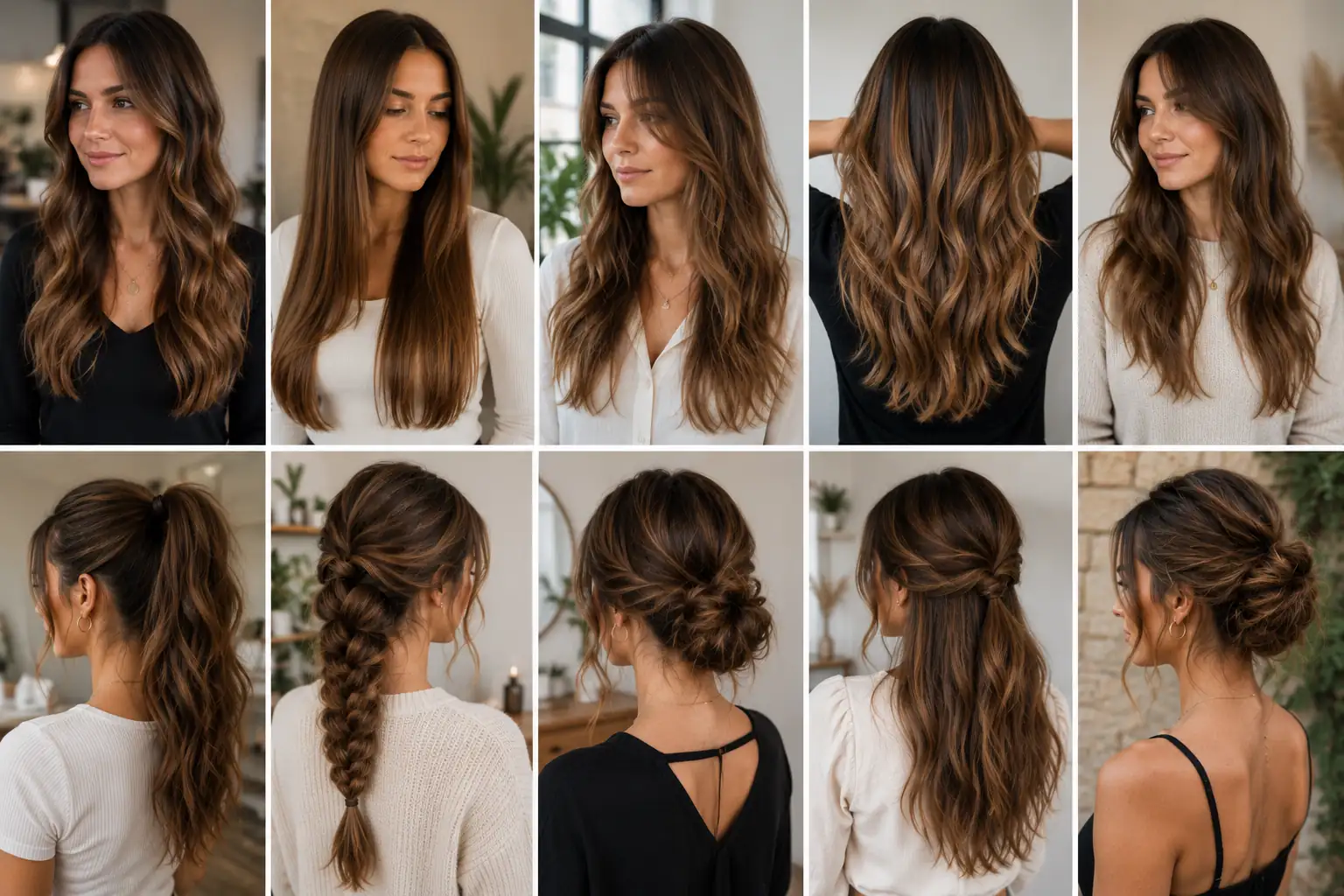 Montage réaliste de cheveux longs femme avec ondulations souples, brushing lisse, queue de cheval, tresse et chignon naturel.