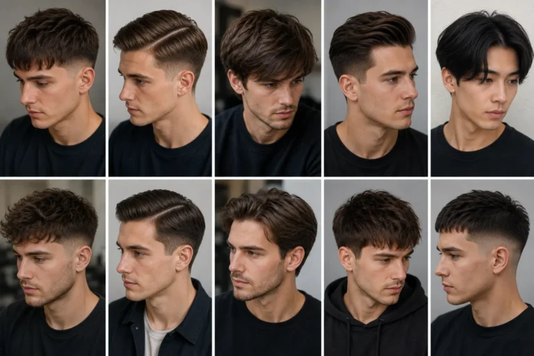 Montage réaliste de coupes pour cheveux raides homme avec dégradé, raie sur le côté, mèche texturisée et coiffage naturel.