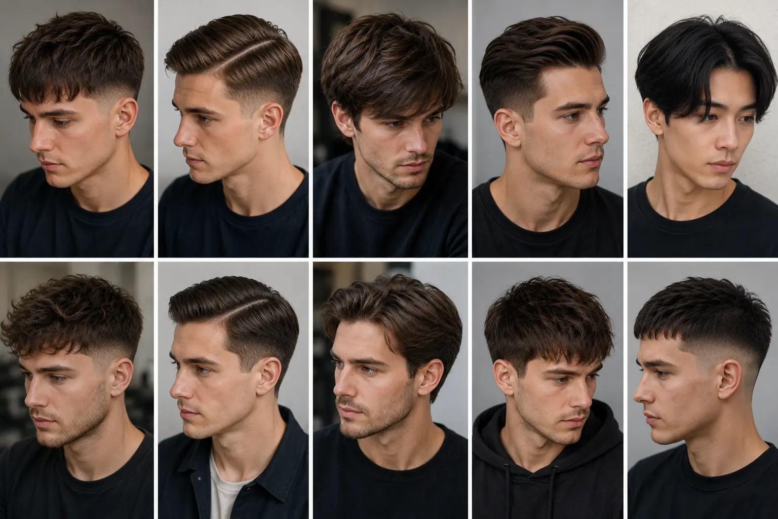 Montage réaliste de coupes pour cheveux raides homme avec dégradé, raie sur le côté, mèche texturisée et coiffage naturel.
