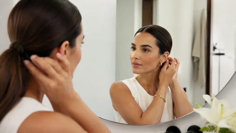 Femme aux cheveux tirés en arrière devant un miroir avec une coiffure lisse élégante et naturelle.