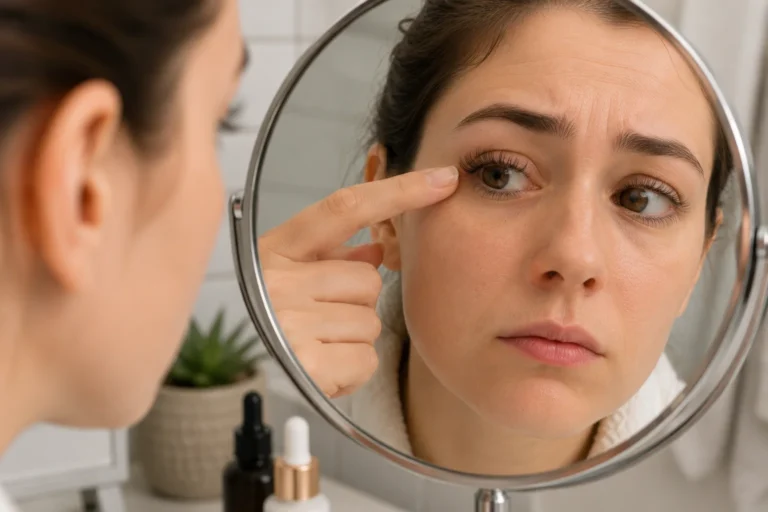 Femme observant ses cils dans un miroir après un rehaussement de cils raté avec un regard inquiet.