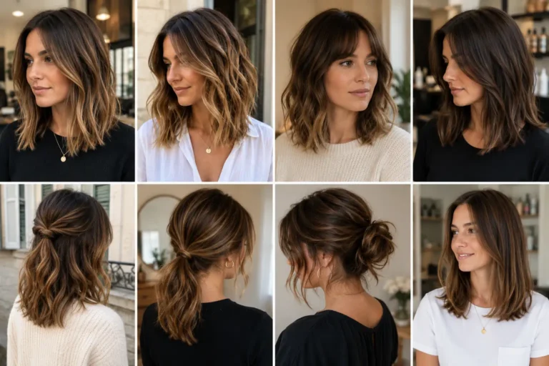 Montage réaliste de coiffures cheveux mi-longs femme avec carré long, ondulations wavy, demi-attache et chignon bas naturel.