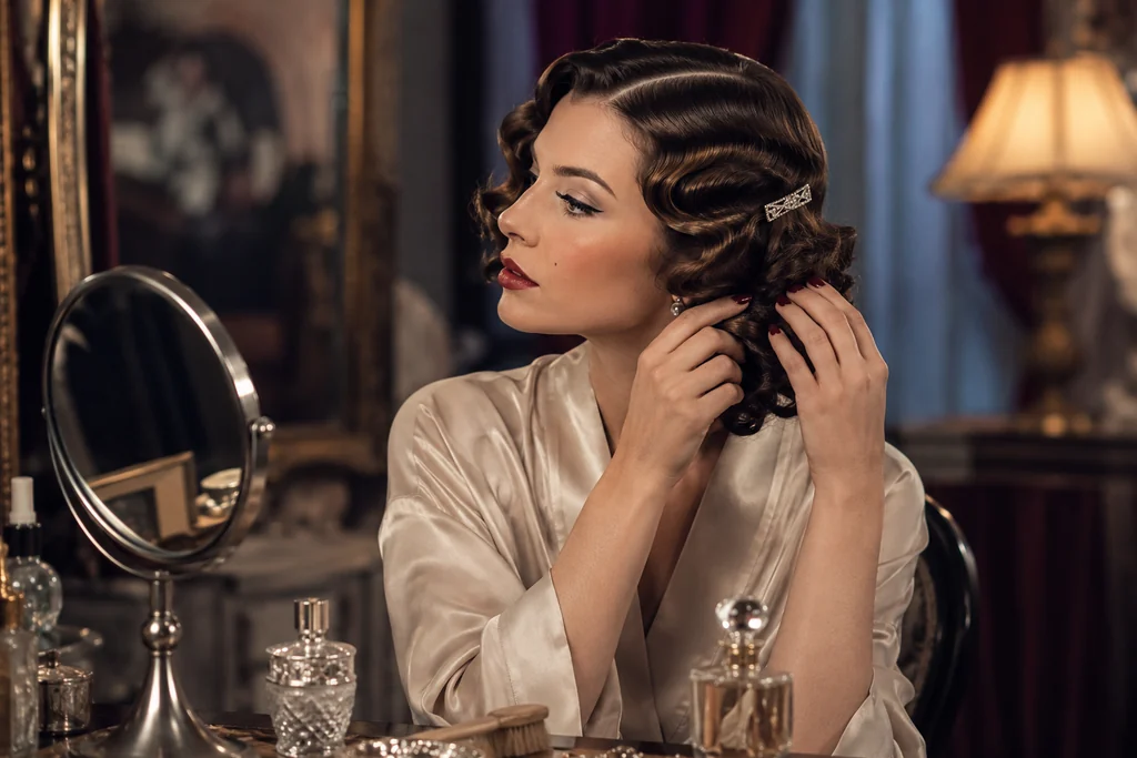 Femme élégante avec coiffure années 30 ondulée devant une coiffeuse vintage.