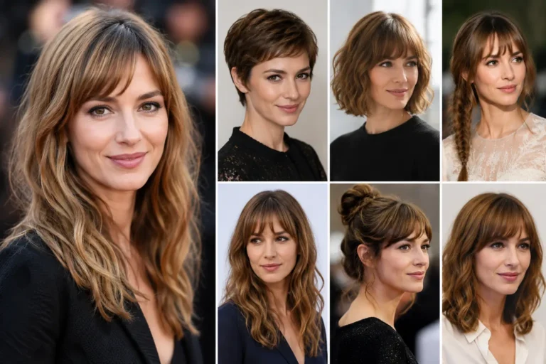 Montage réaliste de coiffures inspirées de Louise Bourgoin avec cheveux ondulés, carré flou, frange légère et coupe courte élégante.