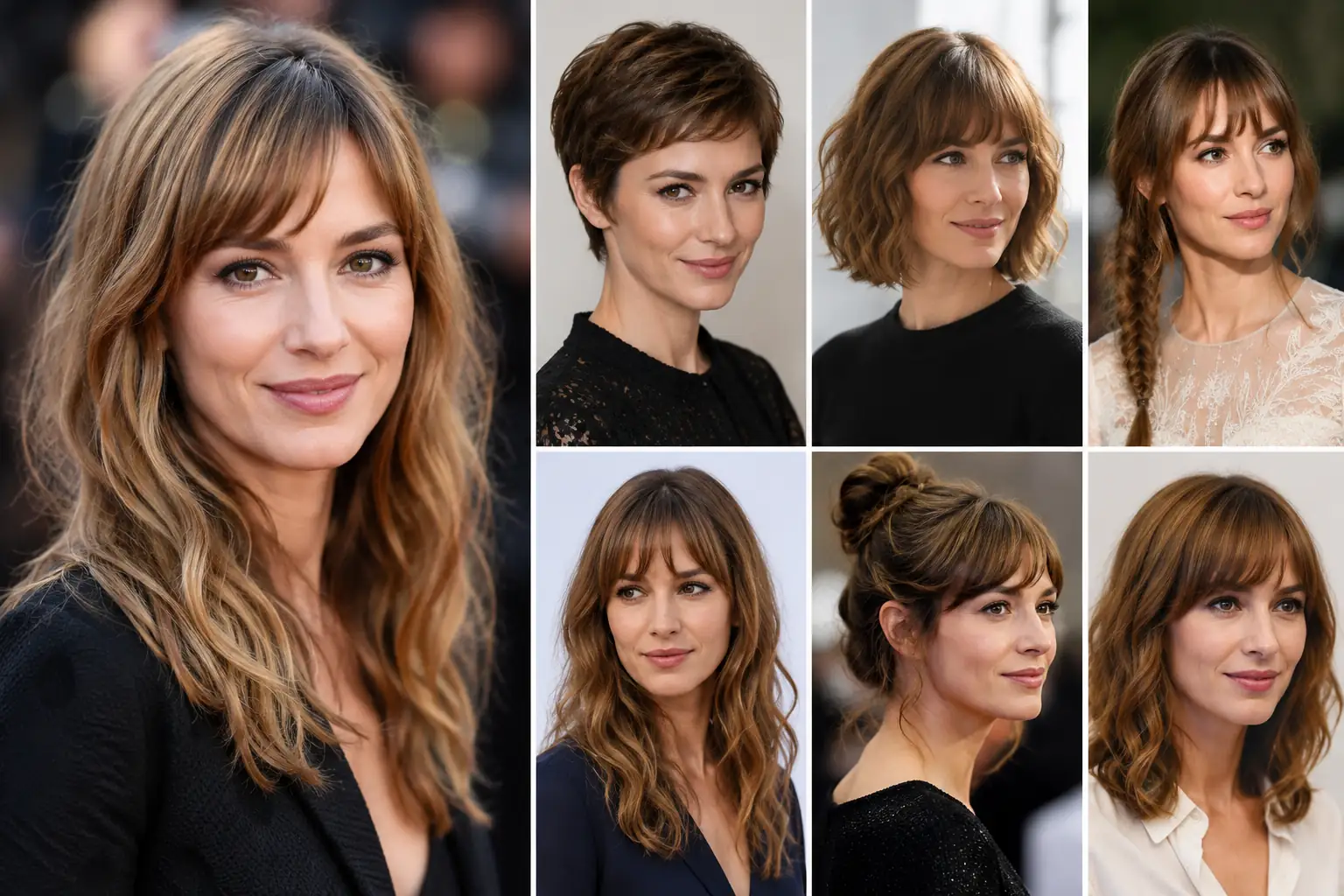 Montage réaliste de coiffures inspirées de Louise Bourgoin avec cheveux ondulés, carré flou, frange légère et coupe courte élégante.