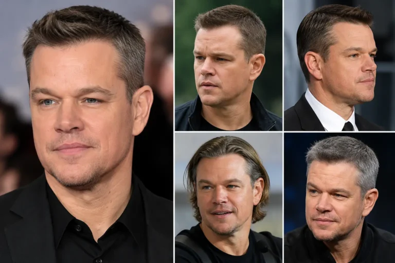 Montage réaliste de coiffures masculines inspirées de Matt Damon avec cheveux courts classiques, volume naturel et style poivre et sel.