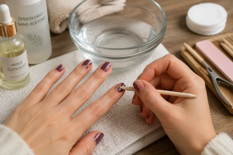 Dépose douce d’un vernis semi-permanent sans acétone avec bâtonnet en bois, huile cuticules et bain tiède.