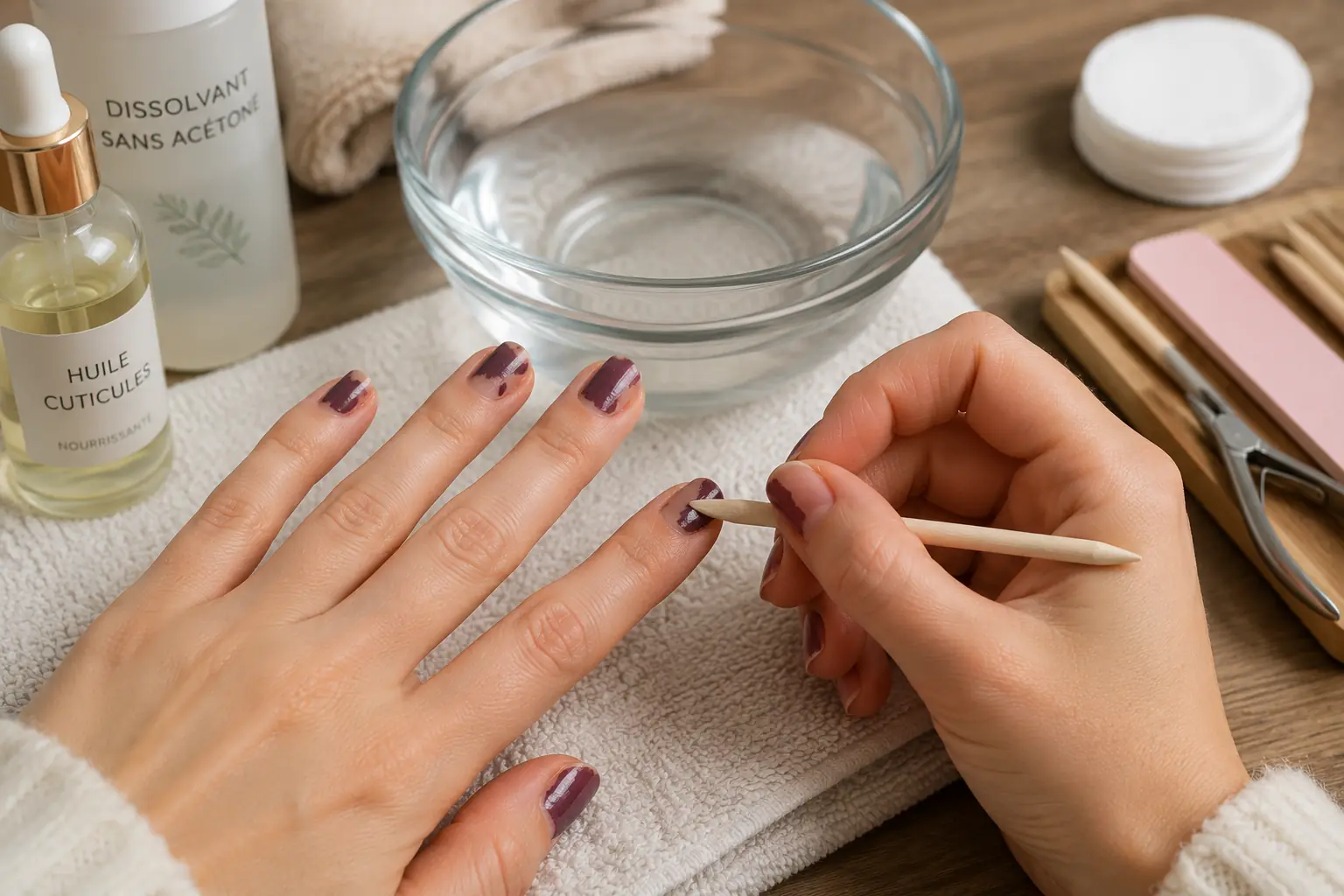 Dépose douce d’un vernis semi-permanent sans acétone avec bâtonnet en bois, huile cuticules et bain tiède.