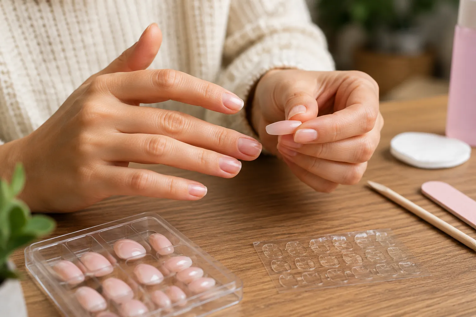 Pose de faux ongles sans colle avec capsules adhésives sur une table en bois, dans une scène réaliste de manucure à domicile.