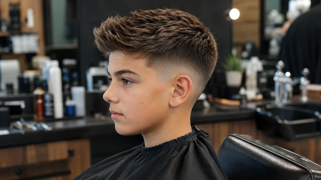 Garçon avec coupe tendance moderne chez le barbier, dégradé net et dessus texturé.