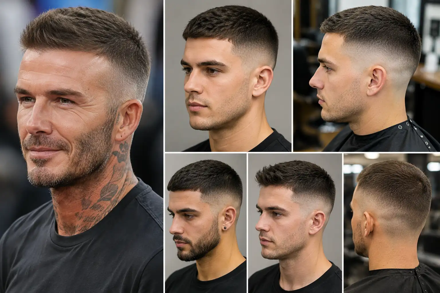 Montage réaliste de coupes homme très court dégradé avec côtés rasés, dessus texturisé et finition moderne chez le barbier.