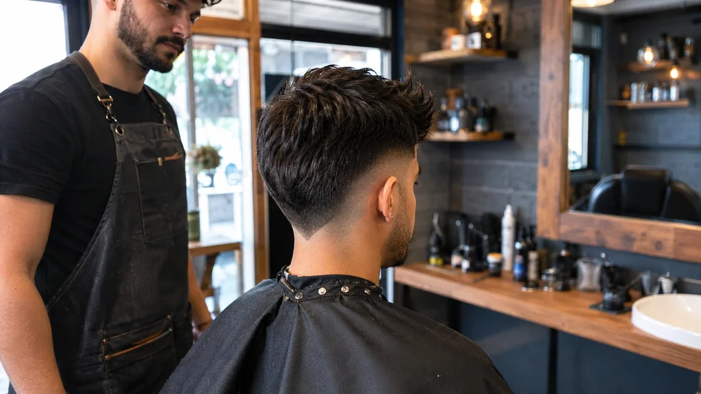 Jeune homme avec une coupe cuenta en V réalisée dans un salon de barbier moderne.