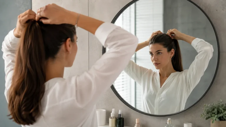 Femme attachant ses cheveux en queue de cheval devant un miroir dans une salle de bain moderne.