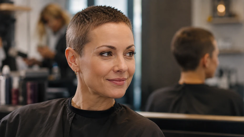 Femme avec une coupe ultra courte à la tondeuse dans un salon de coiffure moderne.
