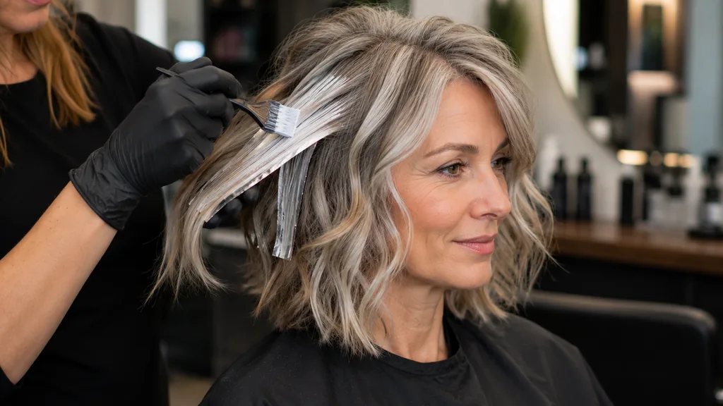 Femme aux cheveux gris avec mèches argentées appliquées en salon.