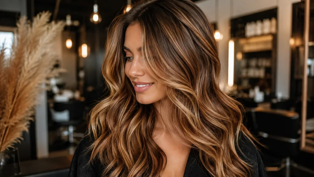 Femme aux cheveux longs ondulés avec une coloration caramel miel lumineuse dans un salon de coiffure élégant