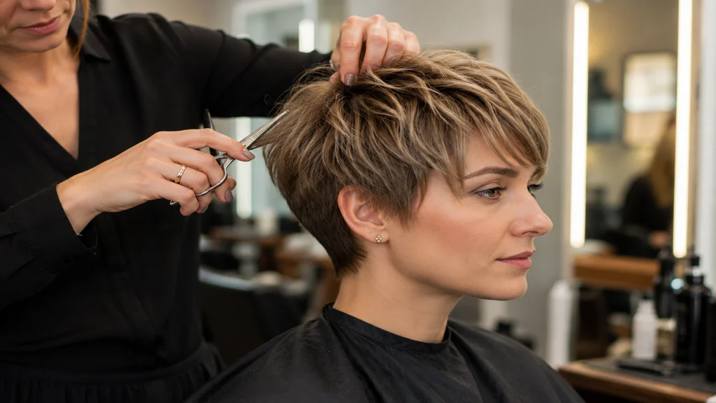 Femme avec coupe courte texturée pour cheveux fins dans un salon de coiffure.