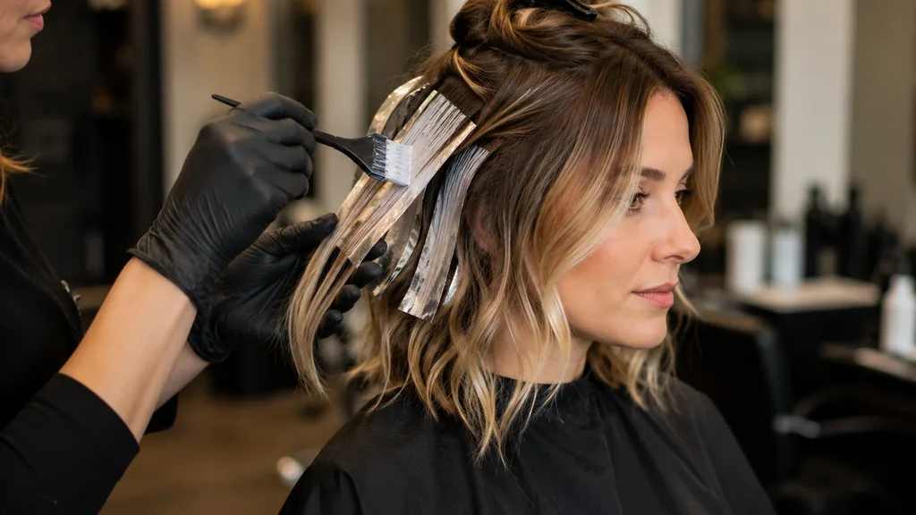 Coiffeuse appliquant des mèches sur cheveux blonds en salon.