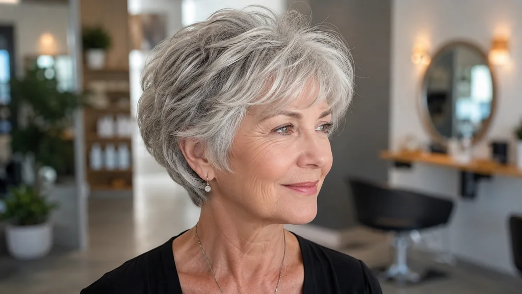 Femme de 70 ans avec coiffure courte moderne et cheveux gris dans un salon de coiffure lumineux